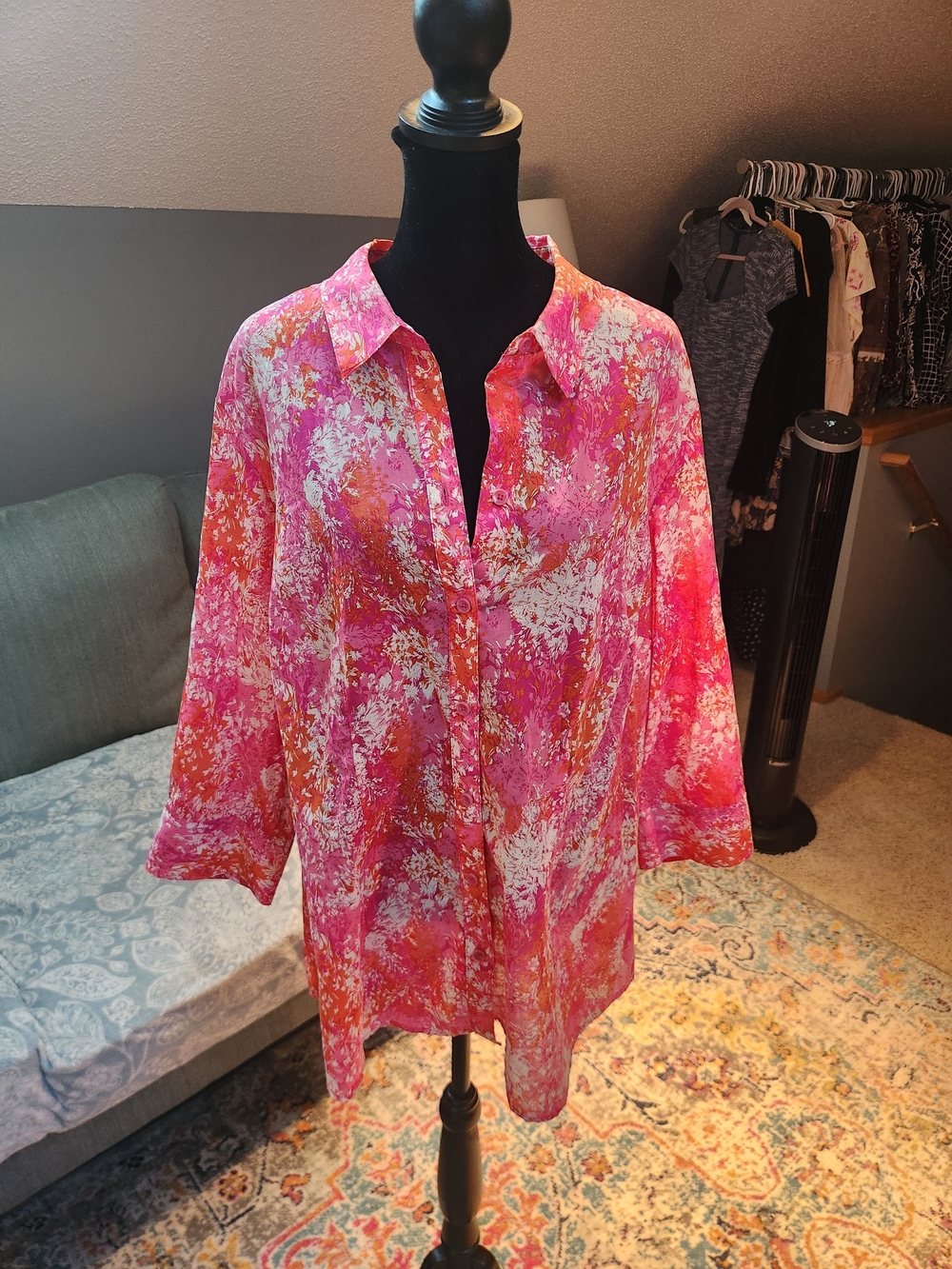 Coldwater Creek Abstract Print Cotton Button Down Pink & White 1X Great!